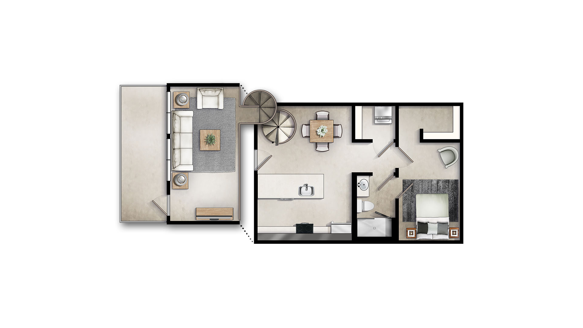 Two-story, one-bedroom floor plan with kitchen, dining, living area, and spiral staircase.